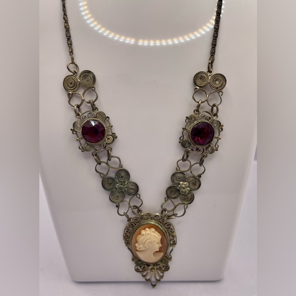 Antique Early 1900s Carved Shell Cameo Filigree Necklace & Bracelet Set - Picture 7 of 16